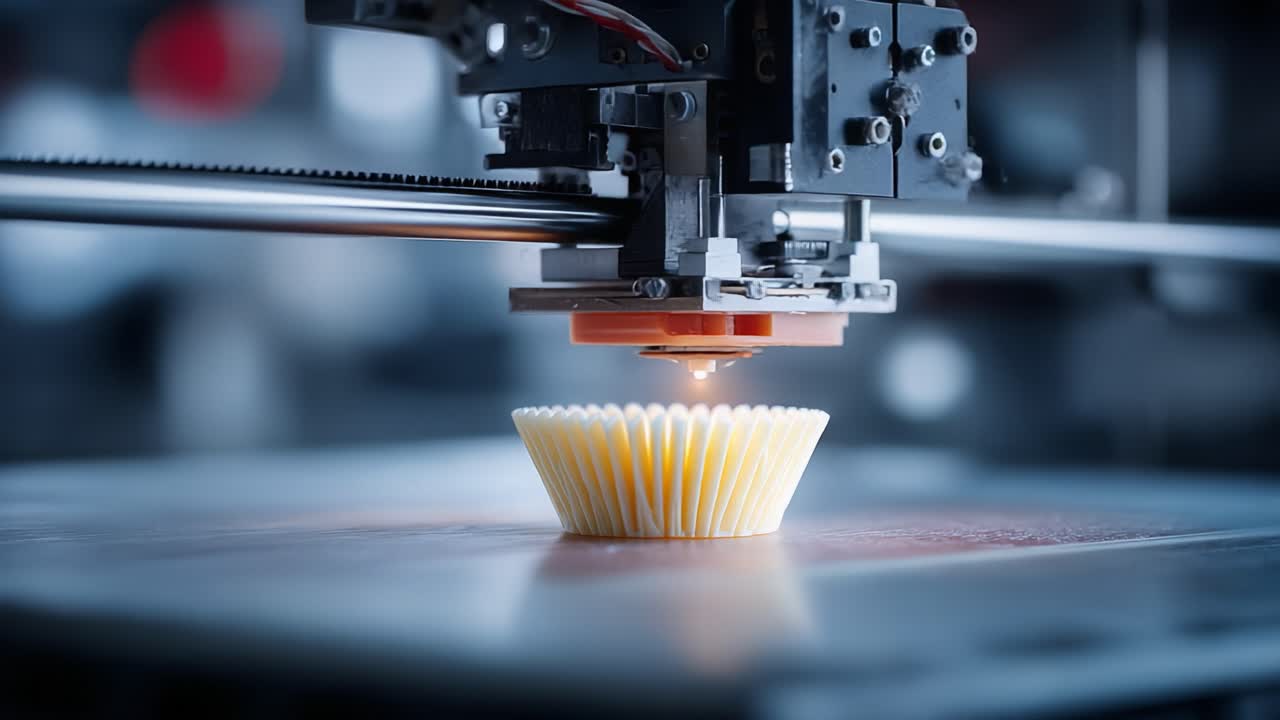 Exploring the Innovative Intersection of 3D Printing Technology and Culinary Artistry: A Close-Up View of a 3D Printer Creating a Cupcake Wrapper