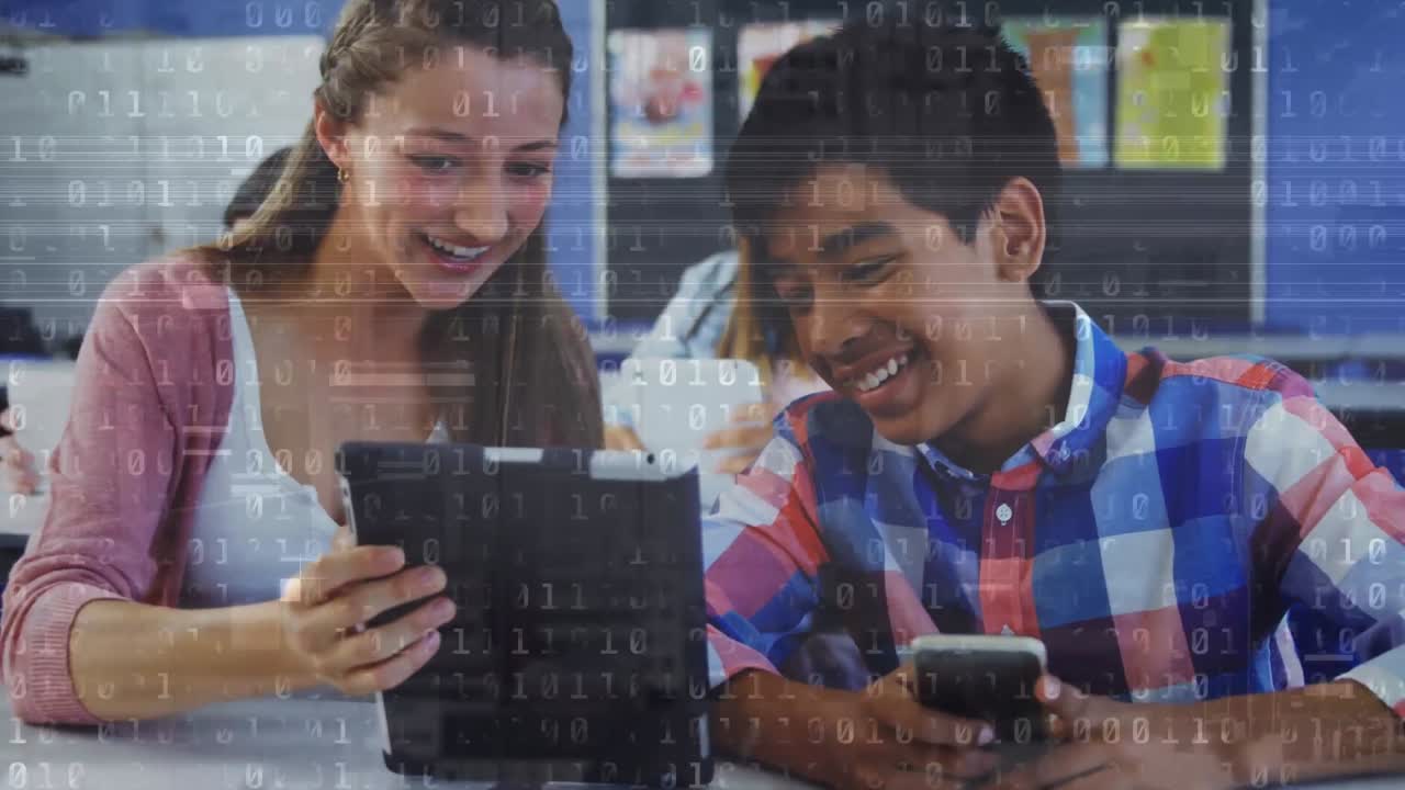 Premium stock video - Animation of binary code over happy diverse boy ...