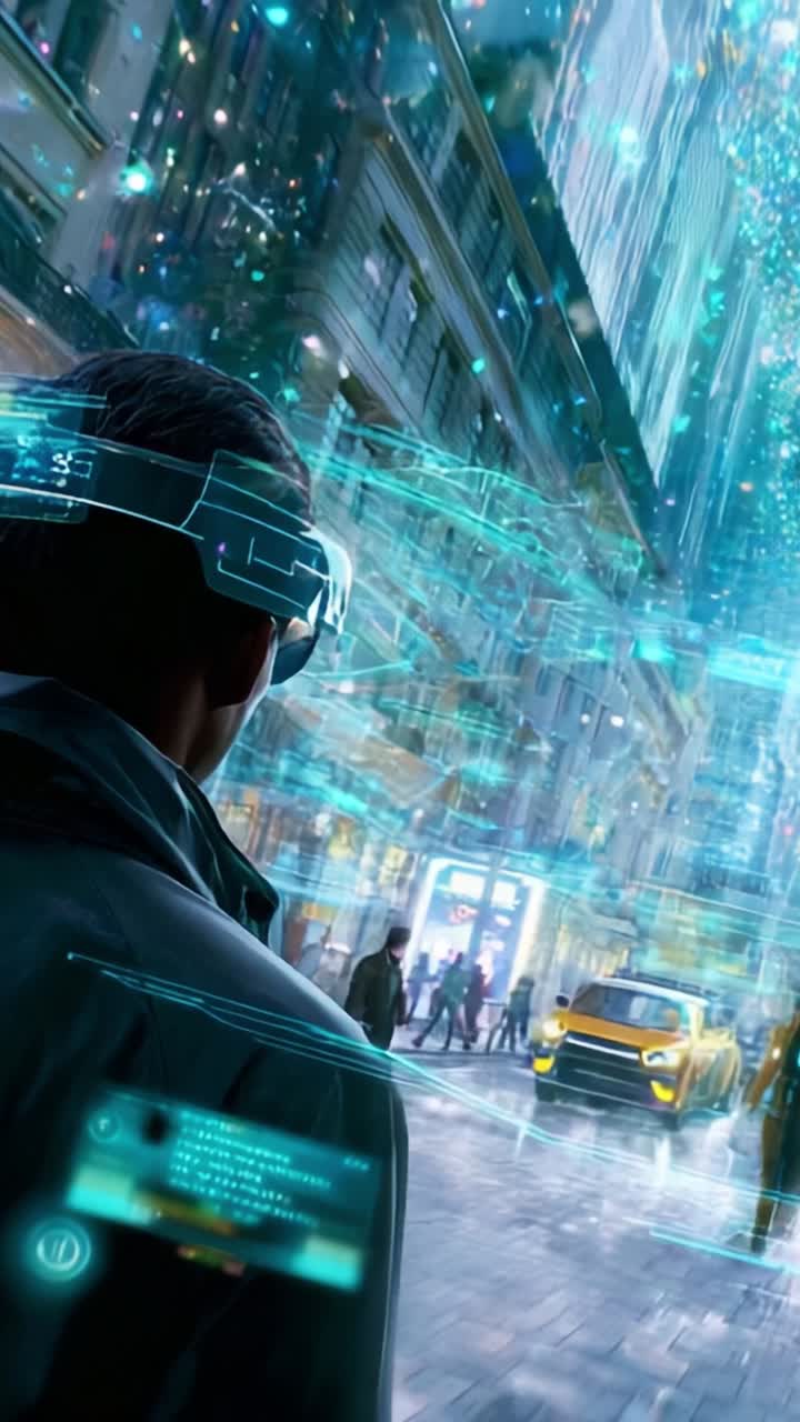 A Futuristic Cityscape with Augmented Reality, Showcasing Advanced Technologies and Bustling Streets Filled with Lively Characters and Dazzling Displays