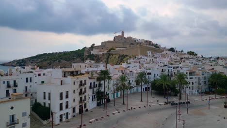 Fantastic-aerial-top-view-flight-Harbor-promenade-Ibiza-Town-Spain