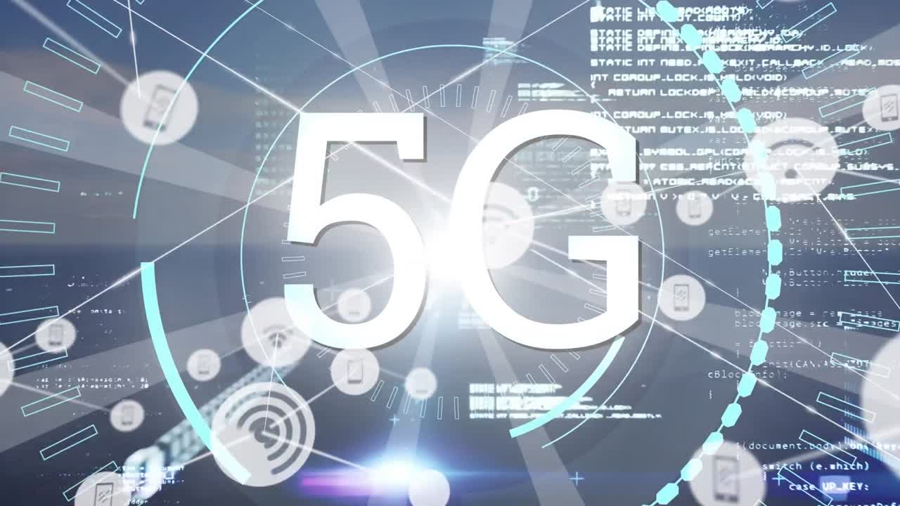 5g 이상의 아이콘과 데이터 처리를 가진 연결 네트워크의 애니메이션