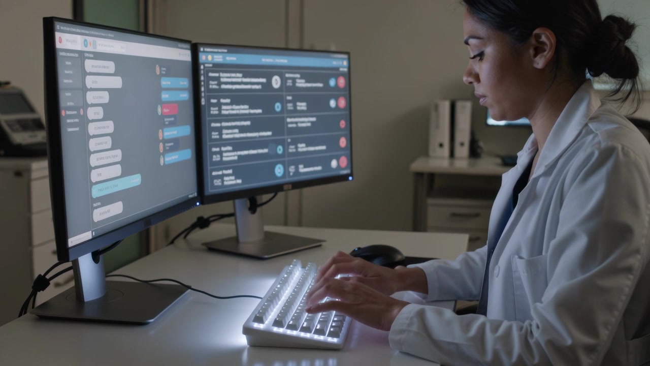 Typing woman in white labcoat replying to chat on dual monitors using backlit keyboard, copy space