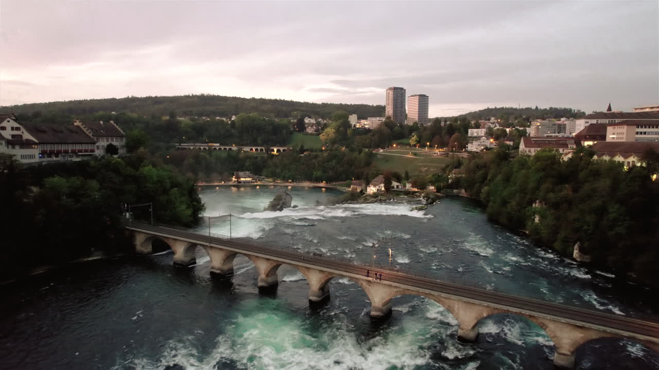 Flying towards the bridge at Rhine Falls, Schaffhausen, Switzerland