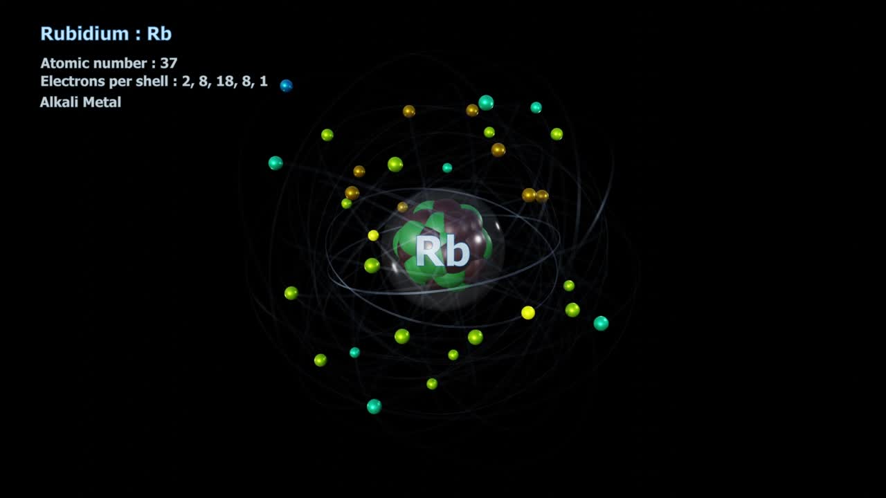 átomo de rubidio con 37 electrones en una rotación orbital infinita en el negro