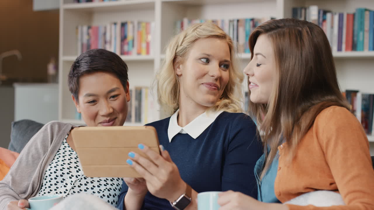 amigos en casa usando tableta digital para las redes sociales divirtiéndose riendo