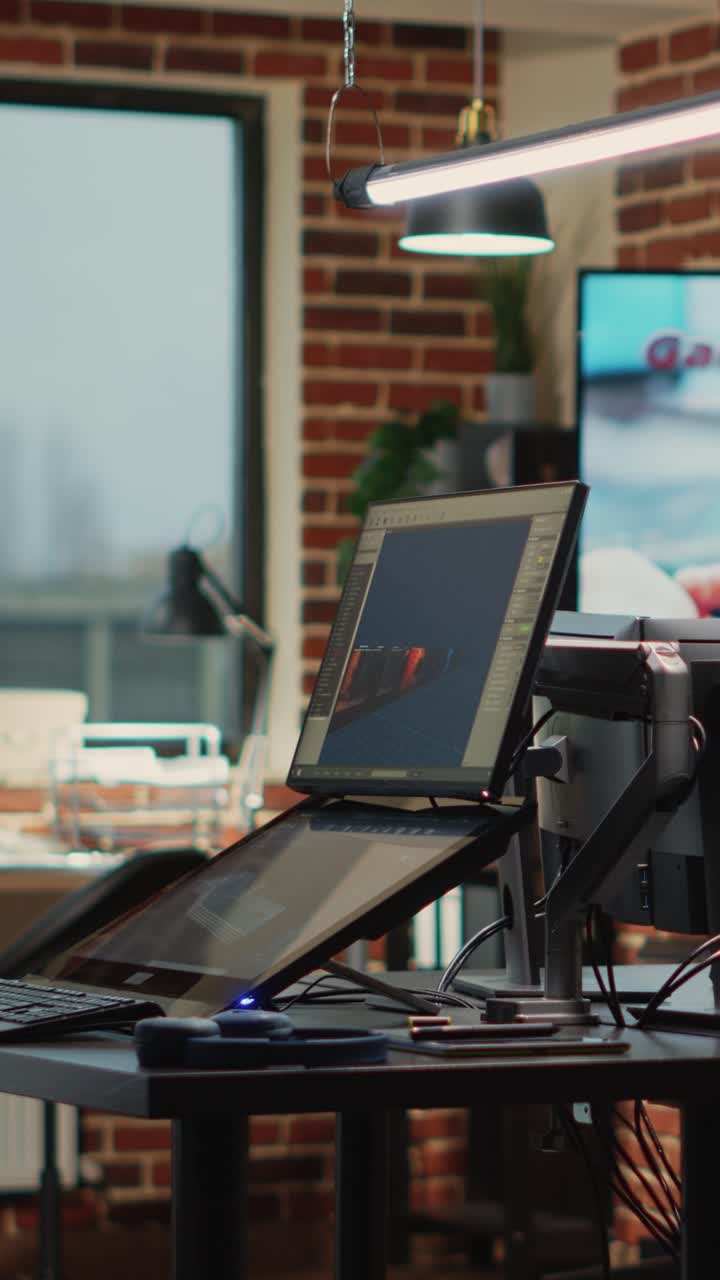 Video verticale: ufficio di programmazione high-tech con postazioni di lavoro per pianificare lo sviluppo in 3D