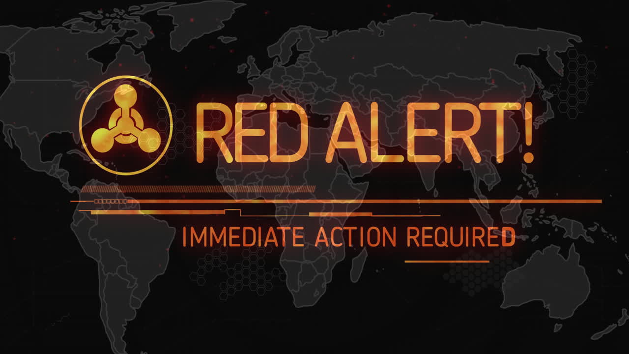 Animation of abstract warning symbol, red alert immediate action required text over map