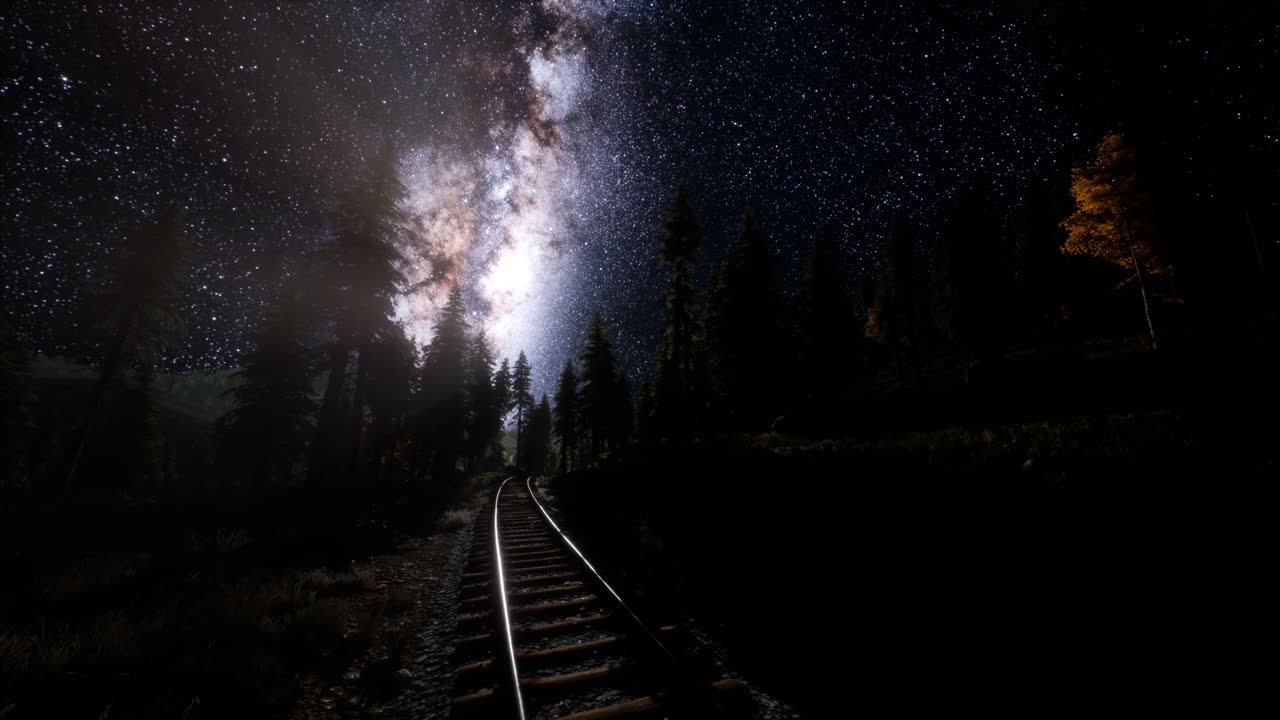 la vía láctea por encima del ferrocarril y el bosque