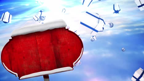 red wooden sign post over multiple christmas gift icons floating against clouds in the blue sky