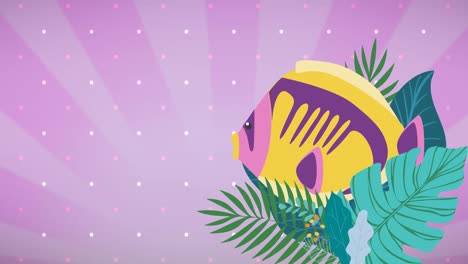 animation of fish and tropical plant leaves on pink striped background