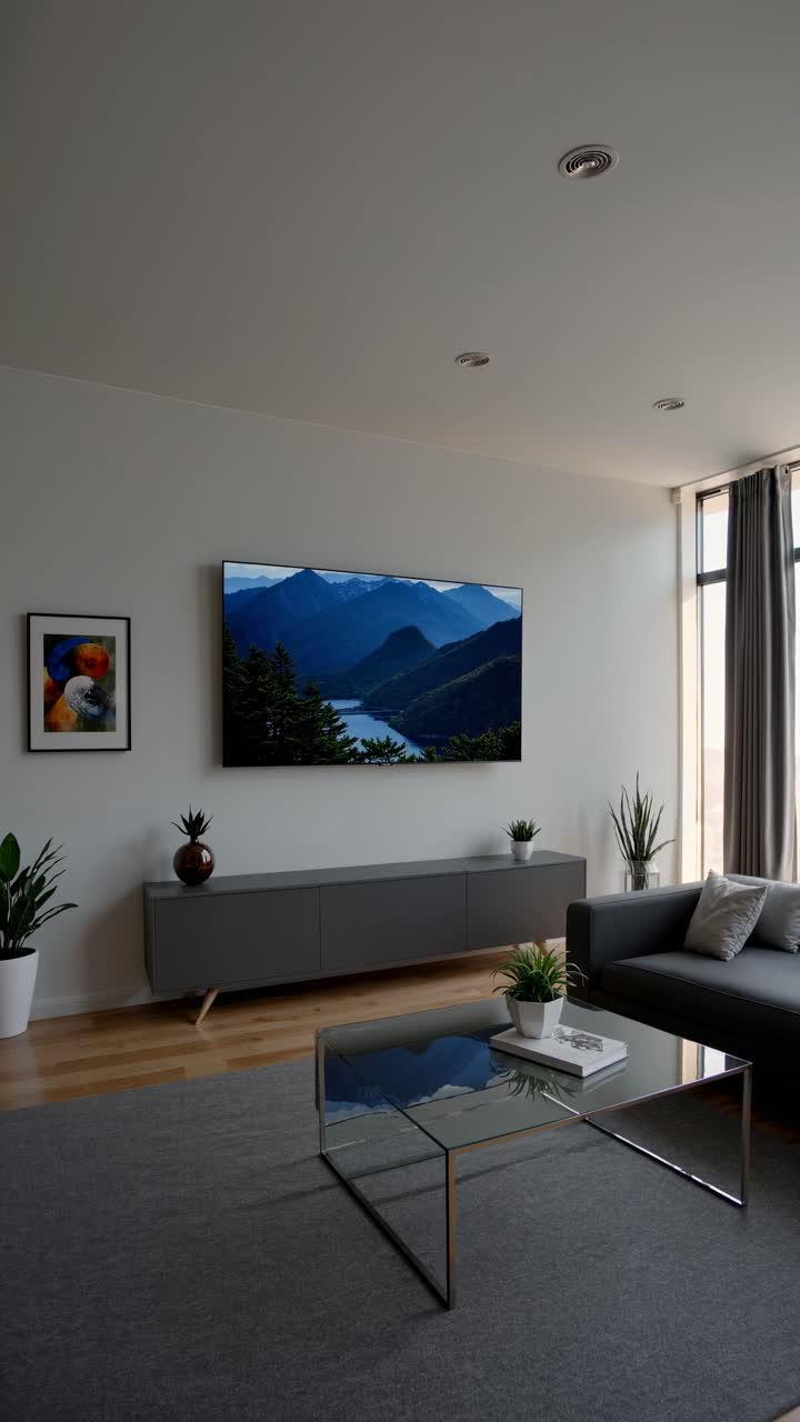Soggiorno moderno con una TV a parete che mostra un video naturalistico.