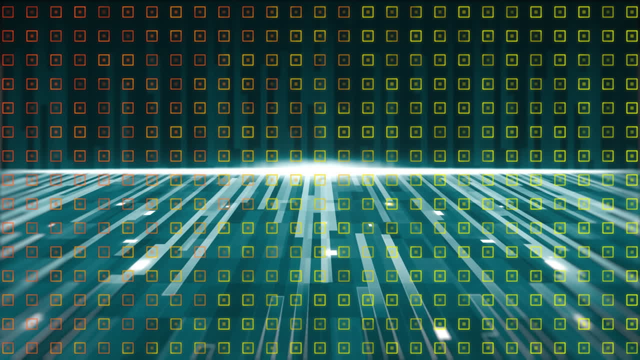 Animation of yellow shapes over glowing grey stripes and moving colorful grid