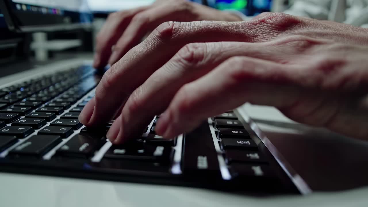 Close-up video shot of hands typing on a keyboard, showcasing a dynamic, focused angle