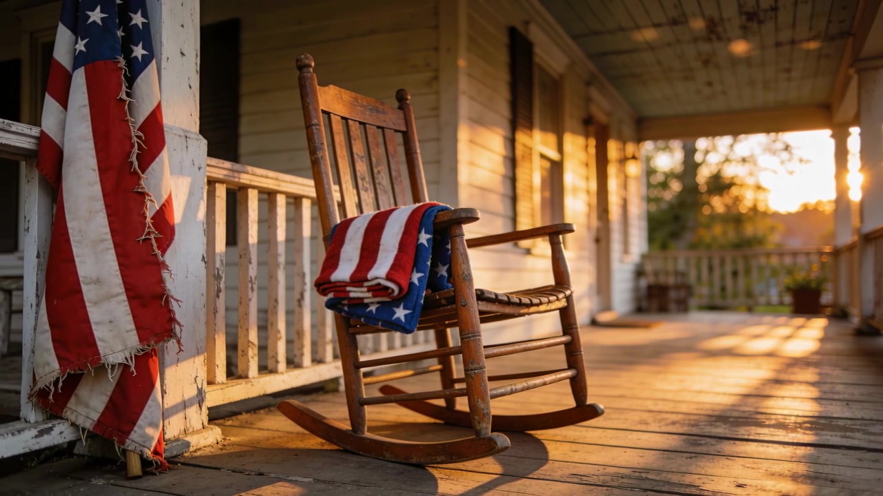 Sole che scivola verso l'orizzonte proiettando ombre sul portico, sedia a dondolo con coperta a bandiera americana.