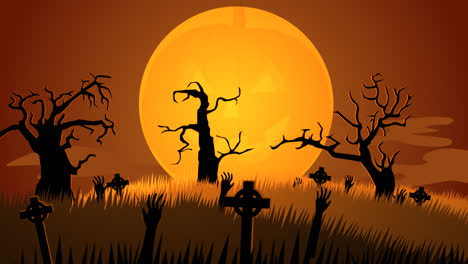 A-scary,-autumn-night.-Zombie-walking-on-the-haunted,-mysterious-graveyard-with-dark-silhouettes-of-spooky-trees-full-of-creepy-jack-o-lanterns.-Full-moon-is-raising.