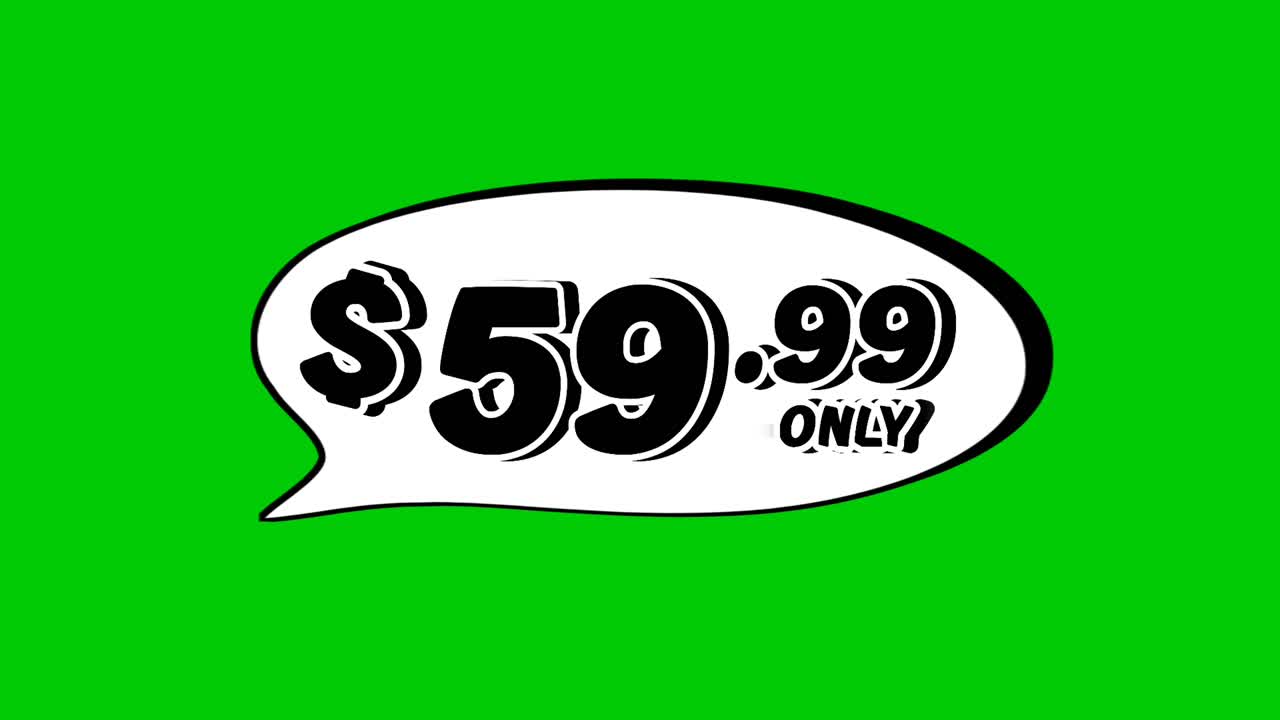 Animated $59.99 price tag in speech bubble motion graphics on green screen background. Perfect for ads, e-commerce, retail, discounts, and promotion business concept video element