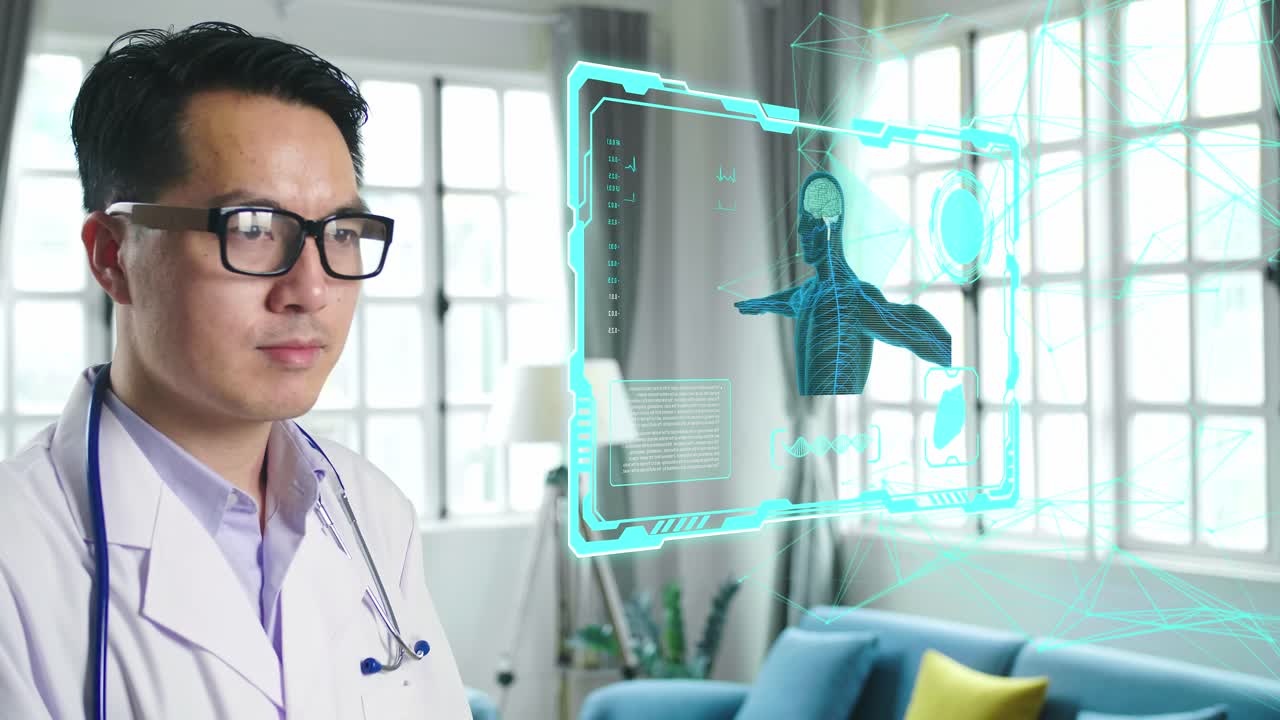 Asian Doctor Working With Animated 3D Human Body Parts. High Tech Technologically Advanced Hospital. Futuristic Theme