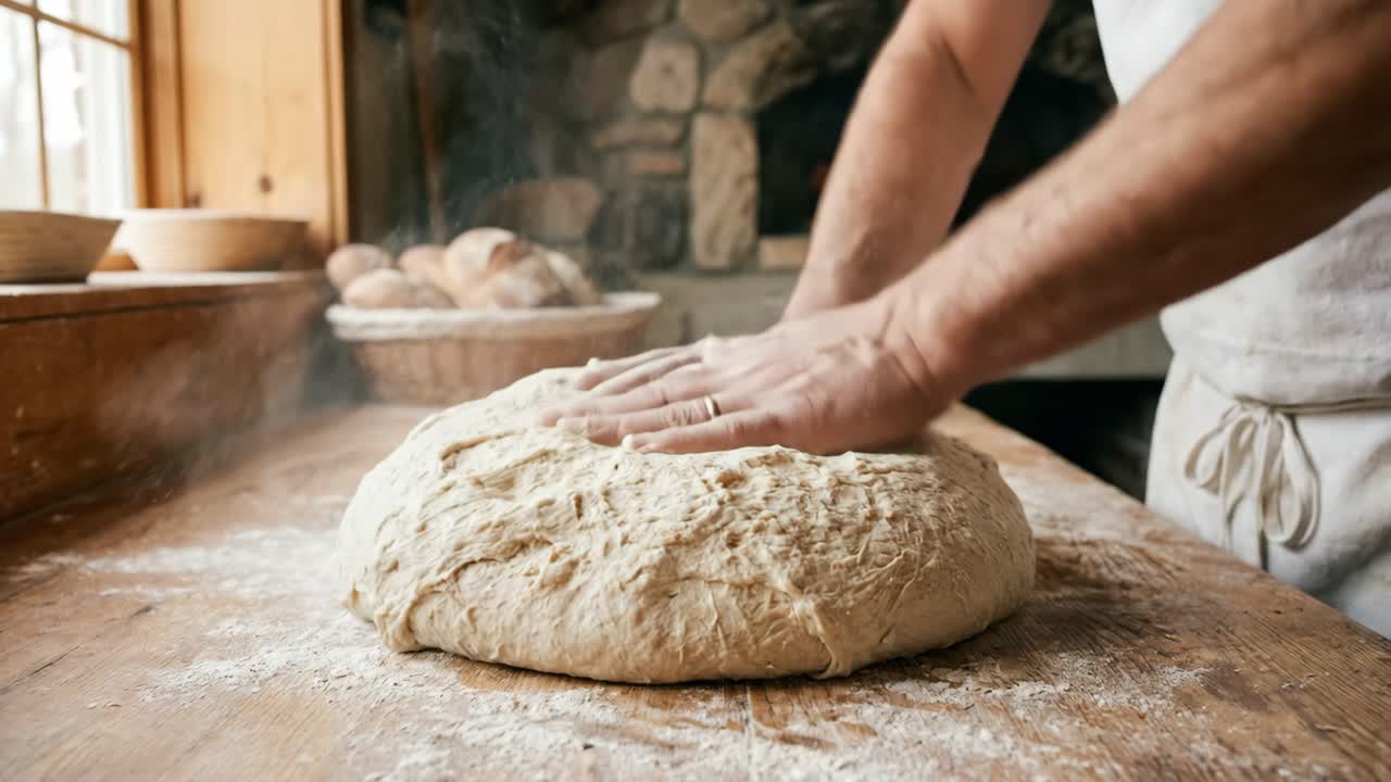 Baker's Hands Kneading Fresh Dough on a Rustic Wooden Table