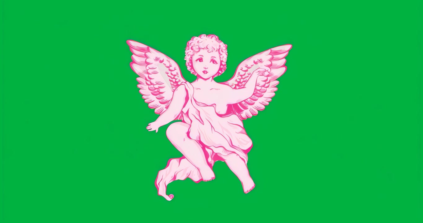 Upon start cherub staying centered against glitch mosaic shifting right with neon-blue glow pulsing
