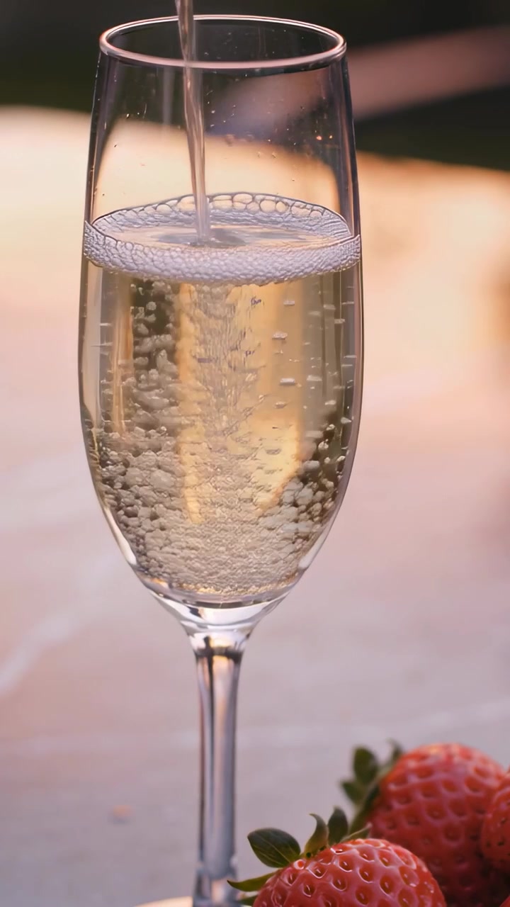 Video verticale: Bottiglia che si inclina versando champagne in un flûte alto su un patio per un brindisi, fragole