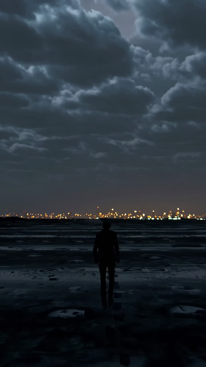 figura solitaria caminando en una playa por la noche bajo un cielo tormentoso sobre una ciudad