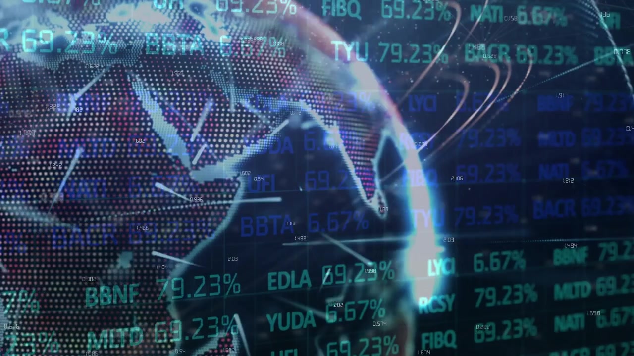 Globo digitale con dati finanziari fluttuanti e quotazioni di borsa