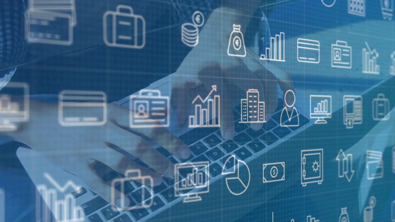 Manos entrando, posándose en el teclado, escribiendo y deslizándose mientras los iconos financieros se fijan para gestionar datos.