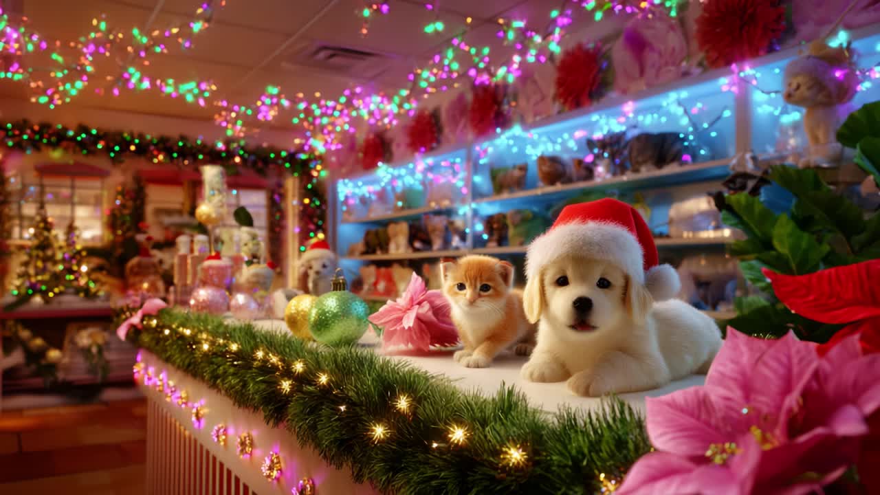 Adorable Puppies and Kittens Enjoying the Festive Holiday Ambiance Surrounded by Colorful Decorations and Lights in a Cheerful Pet Store Environment Perfect for Christmas Celebrations