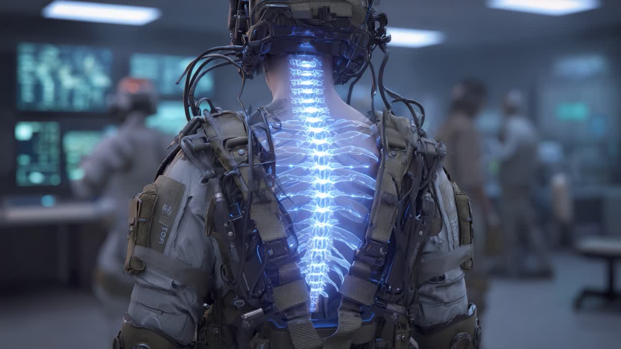 A Futuristic Soldier Equipped with Advanced Exoskeleton Technology Showcasing an Illuminated Spine, Set in a High-Tech Military Command Center Environment