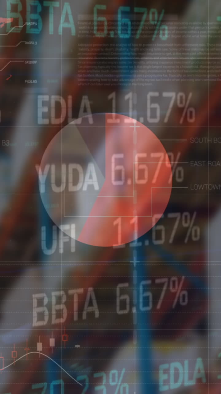 Animasi pemrosesan data keuangan dan pasar saham di atas gudang kosong
