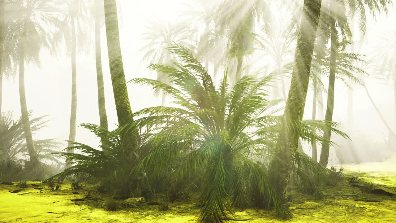 Misty jungle landscape with lush greenery and tall palm trees in the morning