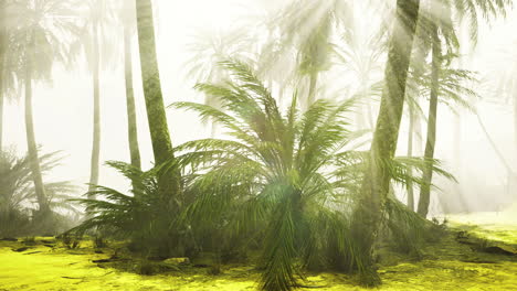 misty jungle landscape with lush greenery and tall palm trees in the morning