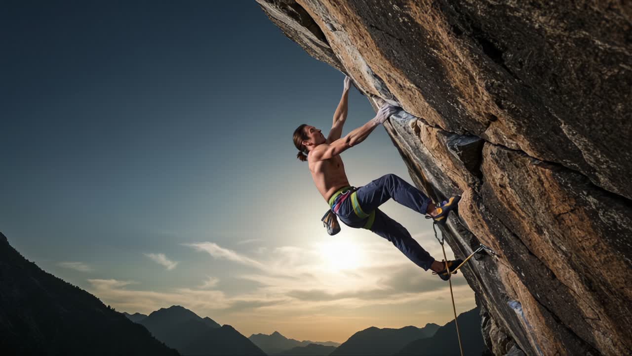 A determined climber scales a rugged rock face at sunset, showcasing strength and skill in the dramatic backdrop of towering mountains and a vibrant sky