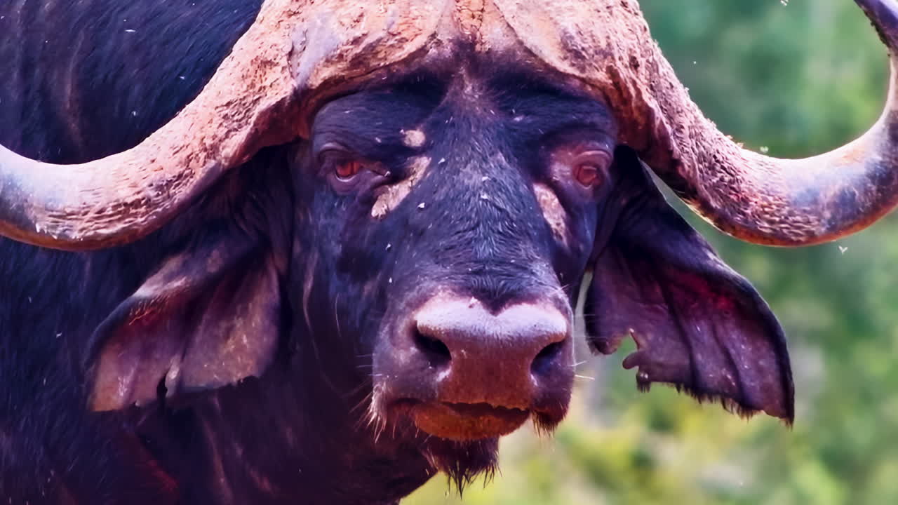 Um close-up intenso do rosto de um búfalo africano num bebedouro.