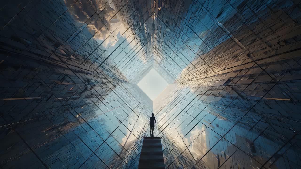A Solitary Figure Stands at the Center of a Dazzling Geometric Space, Surrounded by Reflective Surfaces Mirroring the Sky and Creating a Sense of Infinity and Perspective