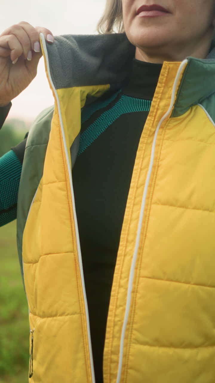 mujer de mediana edad en traje verde y negro abre su chaqueta amarilla mientras está de pie en un vasto campo abierto bajo un cielo nublado, con árboles verdes visibles en la distancia
