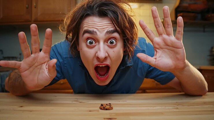 Spotting chocolate chip cookie man in blue shirt leaning at kitchen table tempted holding hands up