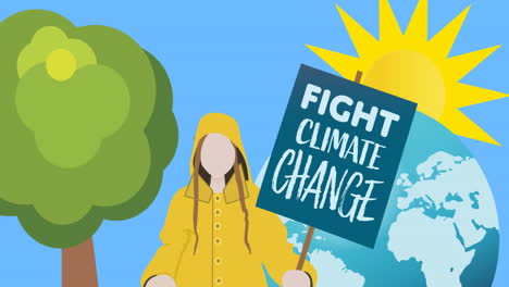 animation of woman holding board with fight climate change, tree and sun on blue background