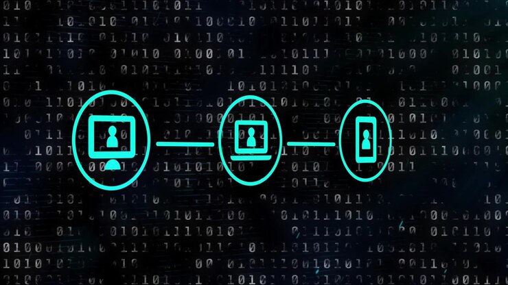 Scrolling binary digits activating three teal icons pulsing, syncing and detaching for network demo