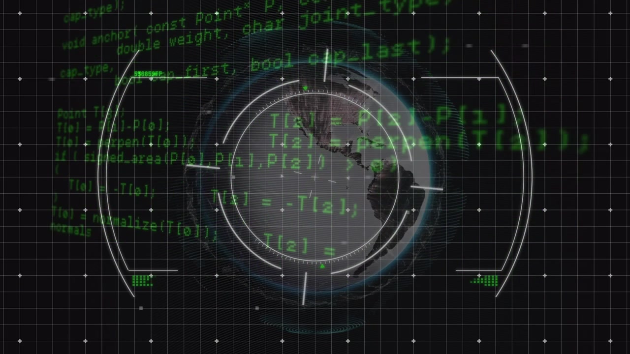 Digital animation of scope scanning over spinning globe against spinning globe on black background