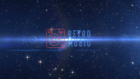 animación de música retro con icono de reproductor de discos de vinilo sobre estrellas brillantes contra un fondo azul