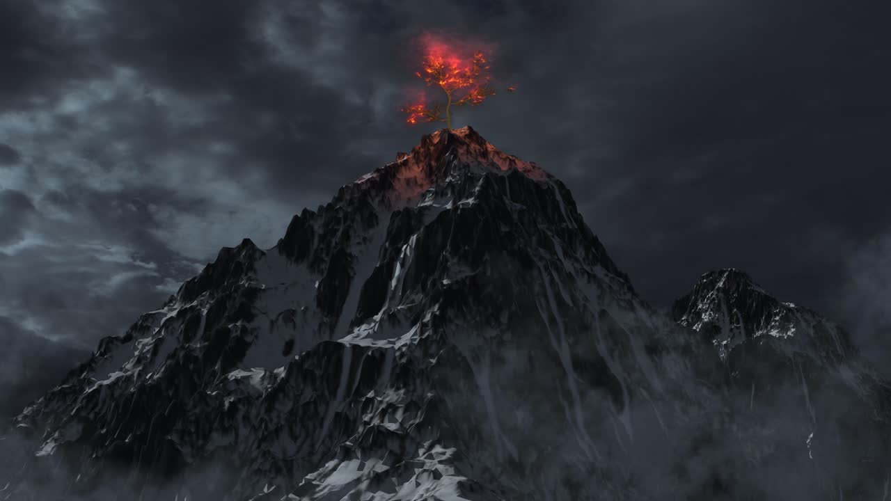 Burning Tree on a Snowy Mountain Peak