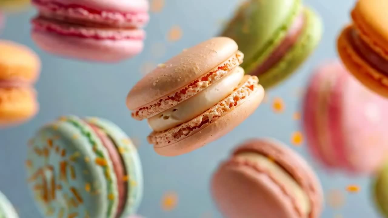 Colorful macarons float mid-air against a blue backdrop, captured in a dynamic, close-up angle