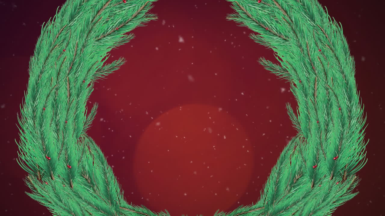 Animação digital de neve caindo sobre guirlanda de Natal contra pontos de luz em fundo vermelho.