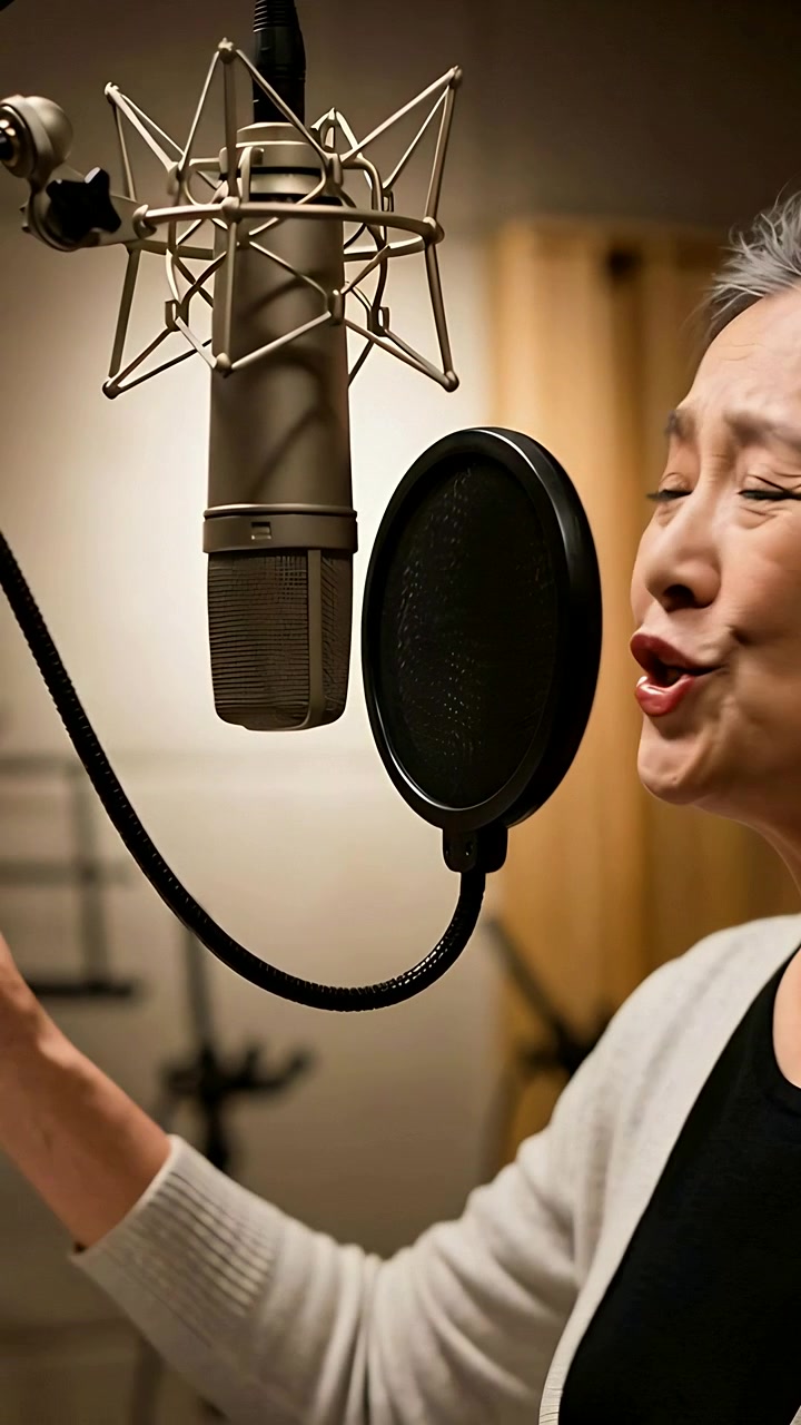 Video verticale: Donna in cardigan che entra e canta al microfono registrando con filtro anti-pop, spazio per il testo