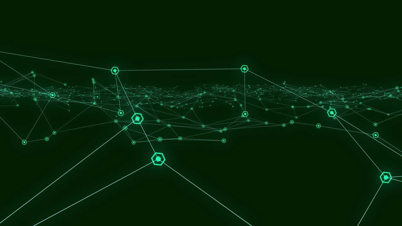 Animation of glowing green communication network floating on black background