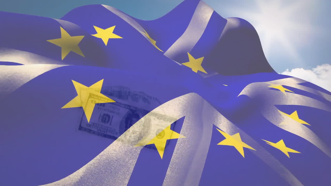 미국 달러 지폐 위에 있는 영국 국기 애니메이션