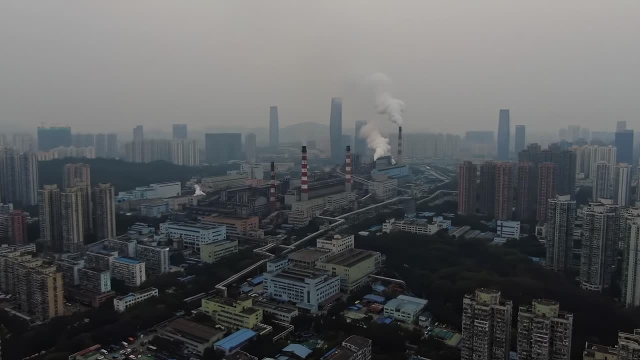 Aerial View of Industrial Complex Surrounded by Urban Landscape, Emitting Smoke into Hazy Sky with Skyscrapers in Background, Showing Pollution and Urban Development