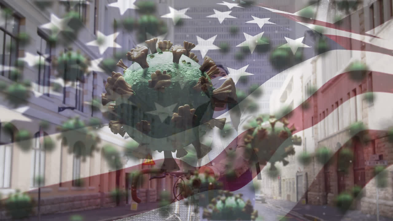 코로나19 세포와 미국 발을 흔들고 얼굴 마스크를 착용한 여성이 걸어가고 있습니다.