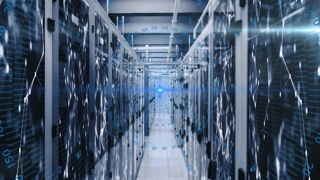 Animation of data processing, blue light spot and network of connections against server room